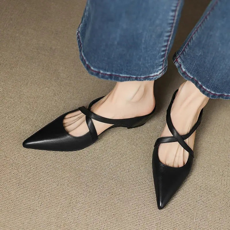 Pointed Cross-Strap Leather Mules Low Heel