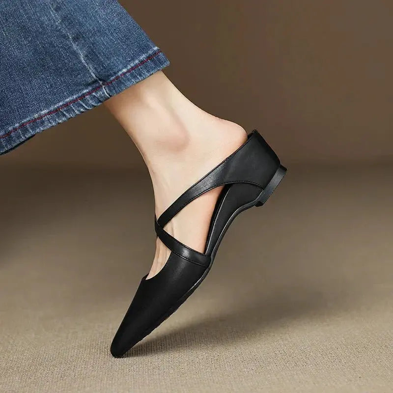 Pointed Cross-Strap Leather Mules Low Heel