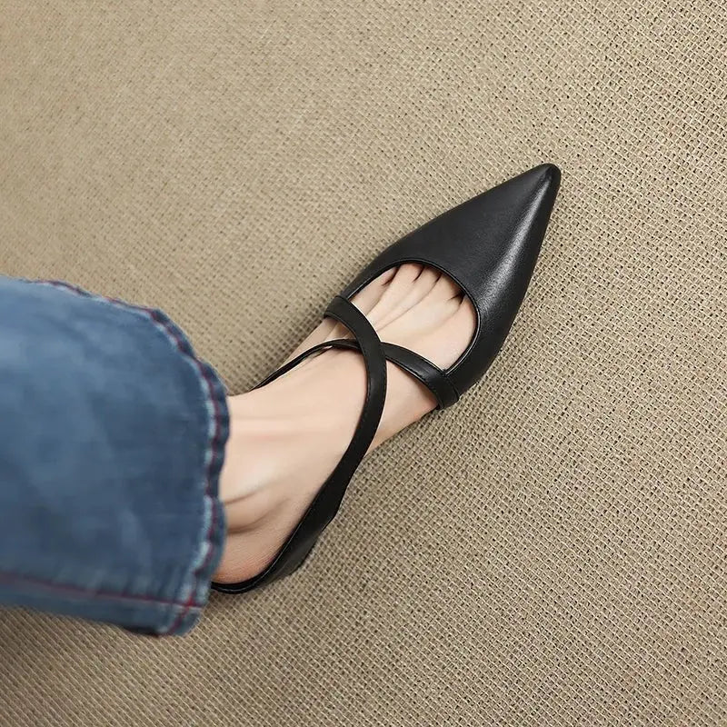 Pointed Cross-Strap Leather Mules Low Heel