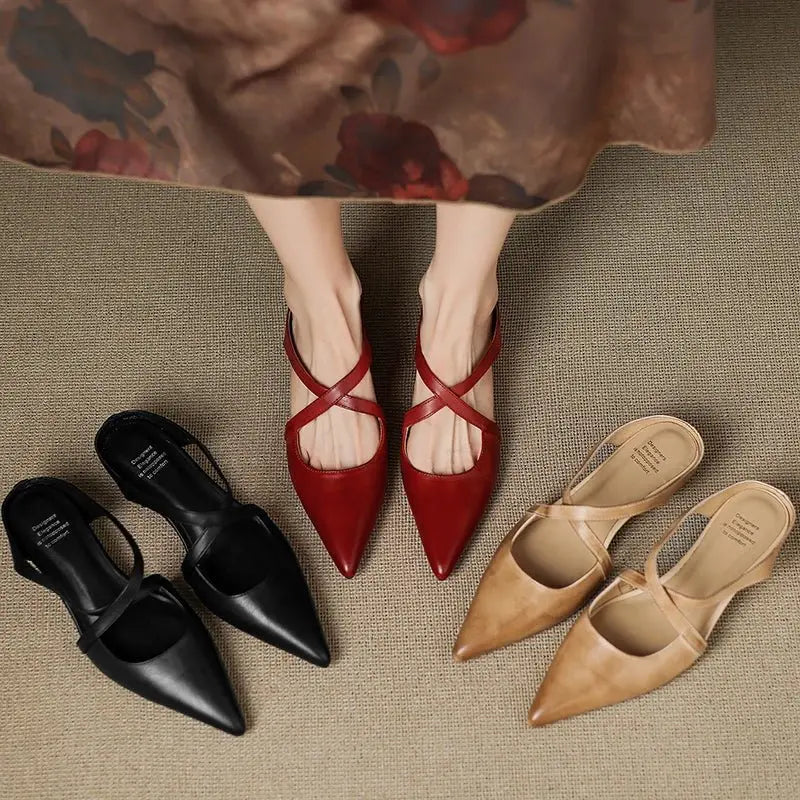 Pointed Cross-Strap Leather Mules Low Heel