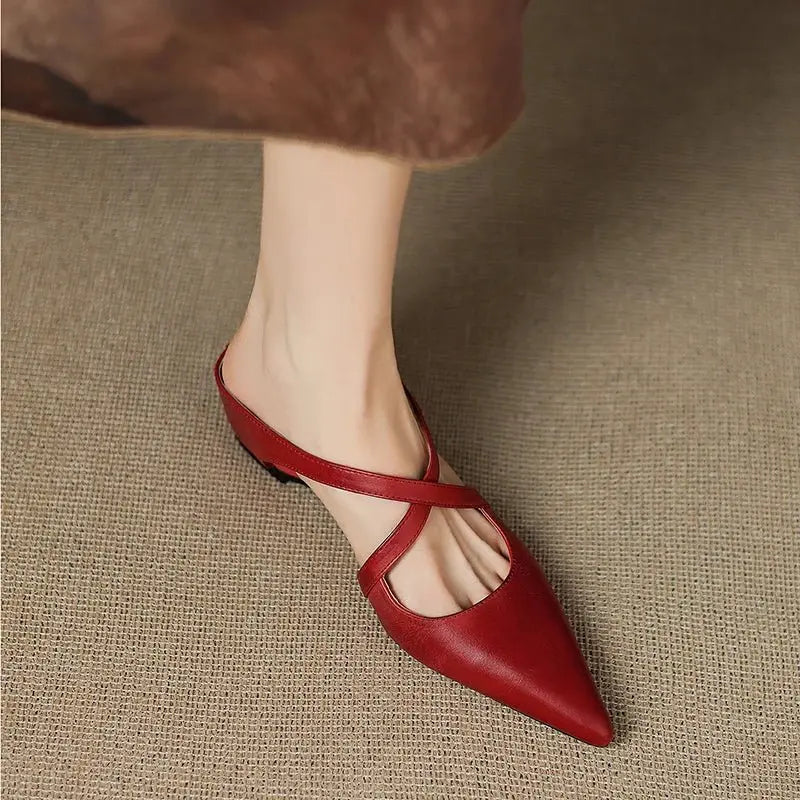Pointed Cross-Strap Leather Mules Low Heel