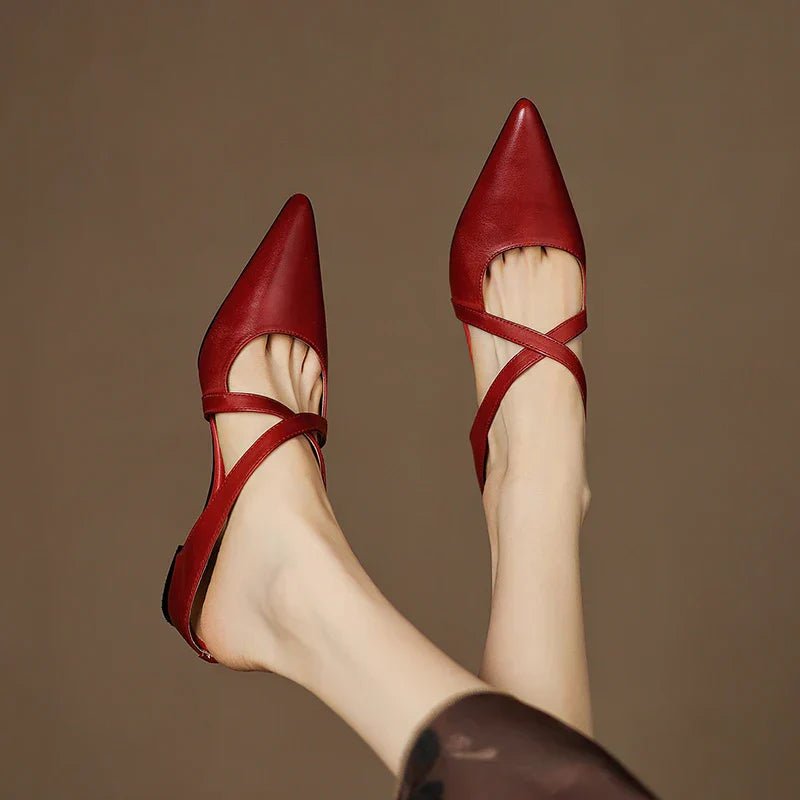 Pointed Cross-Strap Leather Mules Low Heel