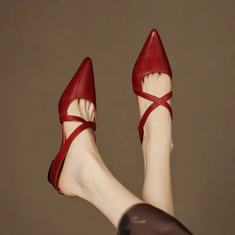 Pointed Cross-Strap Leather Mules Low Heel