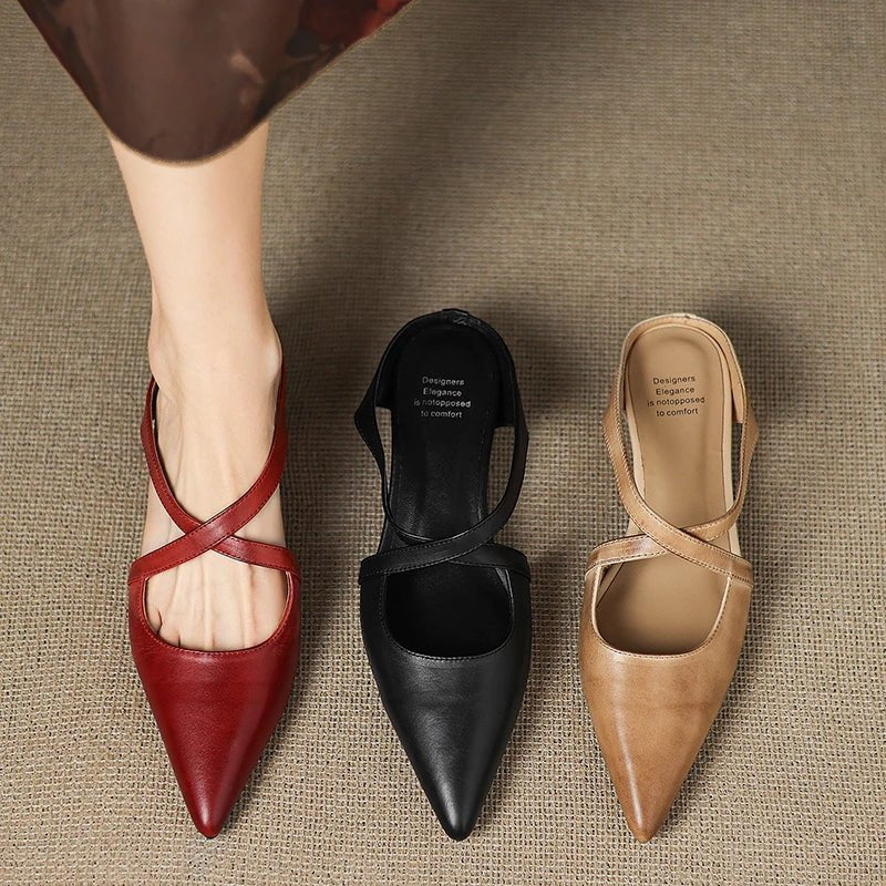 Pointed Cross-Strap Leather Mules Low Heel