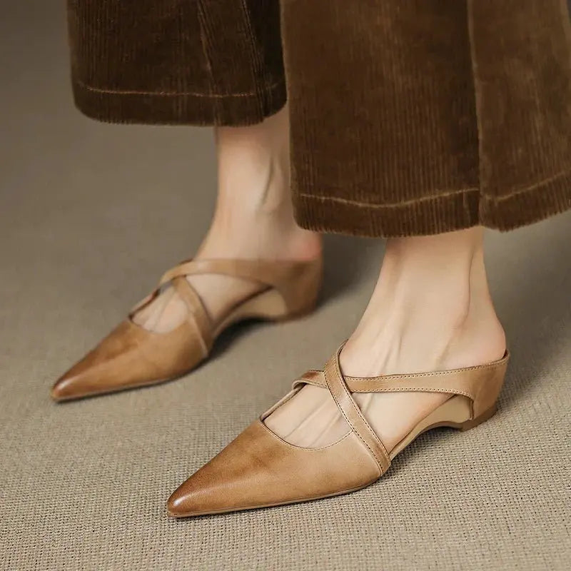 Pointed Cross-Strap Leather Mules Low Heel