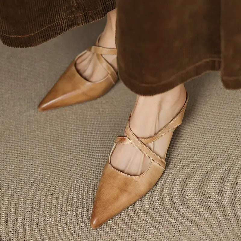 Pointed Cross-Strap Leather Mules Low Heel