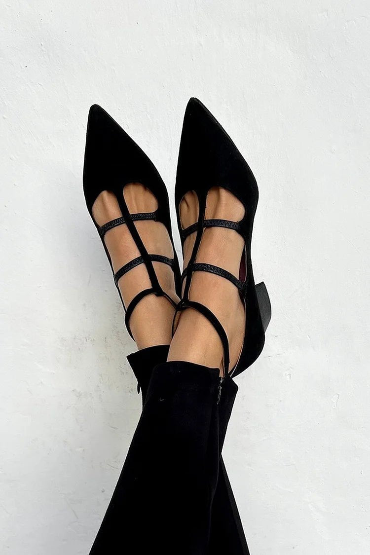 Pointed Toe Strappy Flats Cross-Strap Design - Black