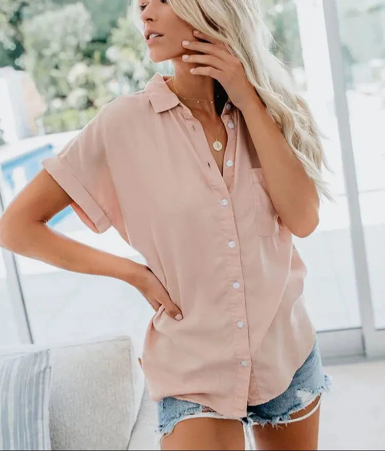 Relaxed Fit Button-Up Blouse Short Sleeve Casual