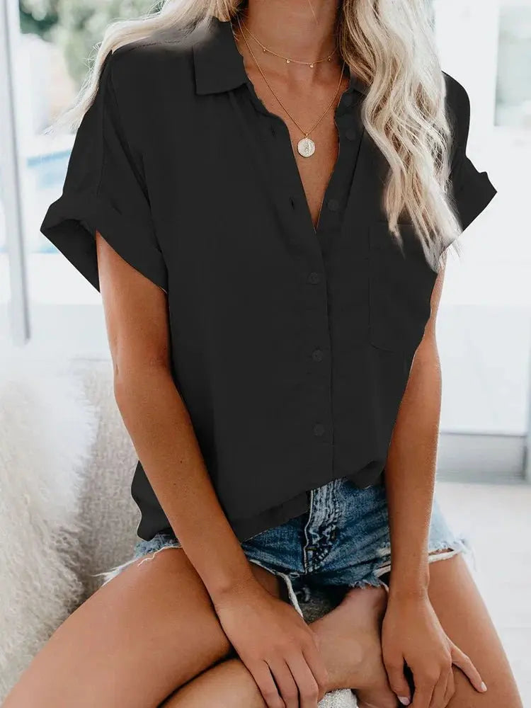 Relaxed Fit Button-Up Blouse Short Sleeve Casual - Black