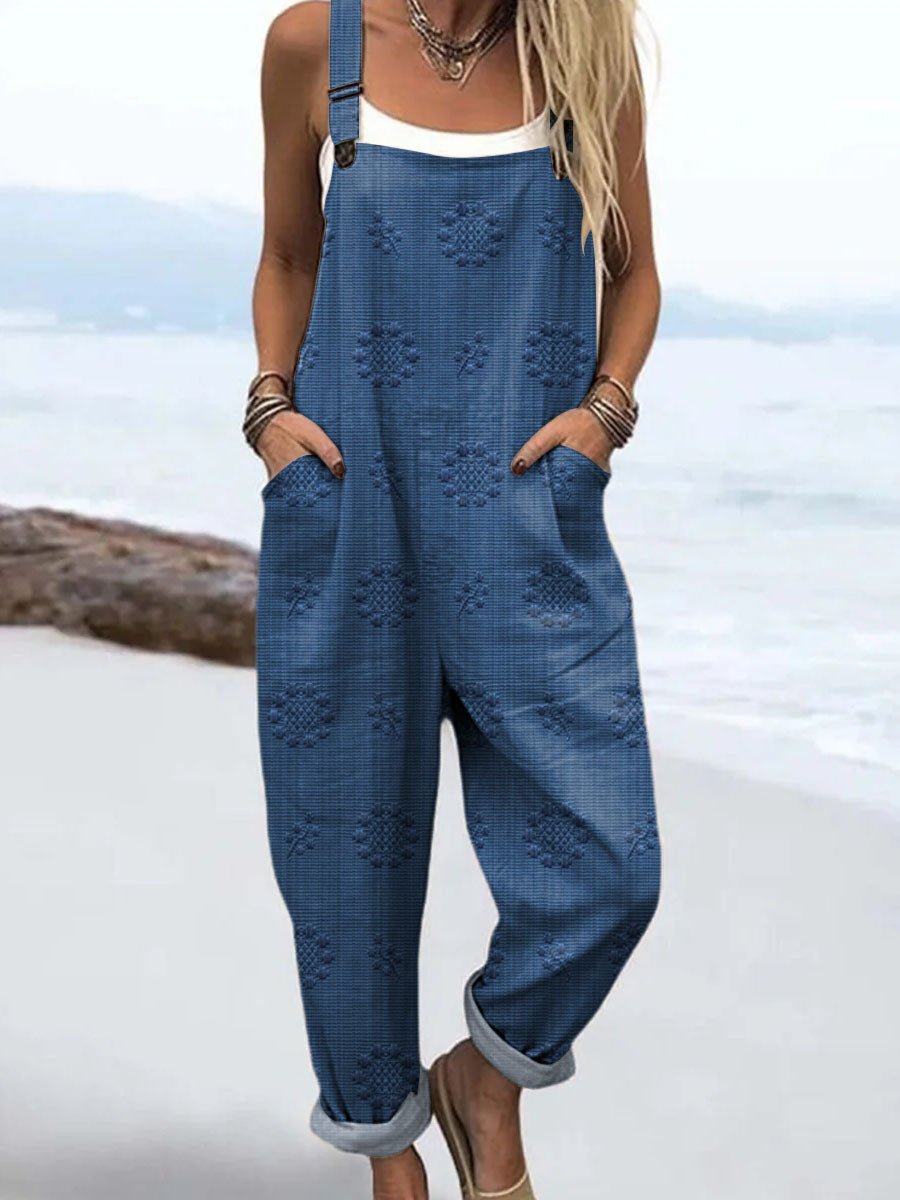 Relaxed Wide-Leg Jumpsuit Adjustable Straps Pockets - Blue
