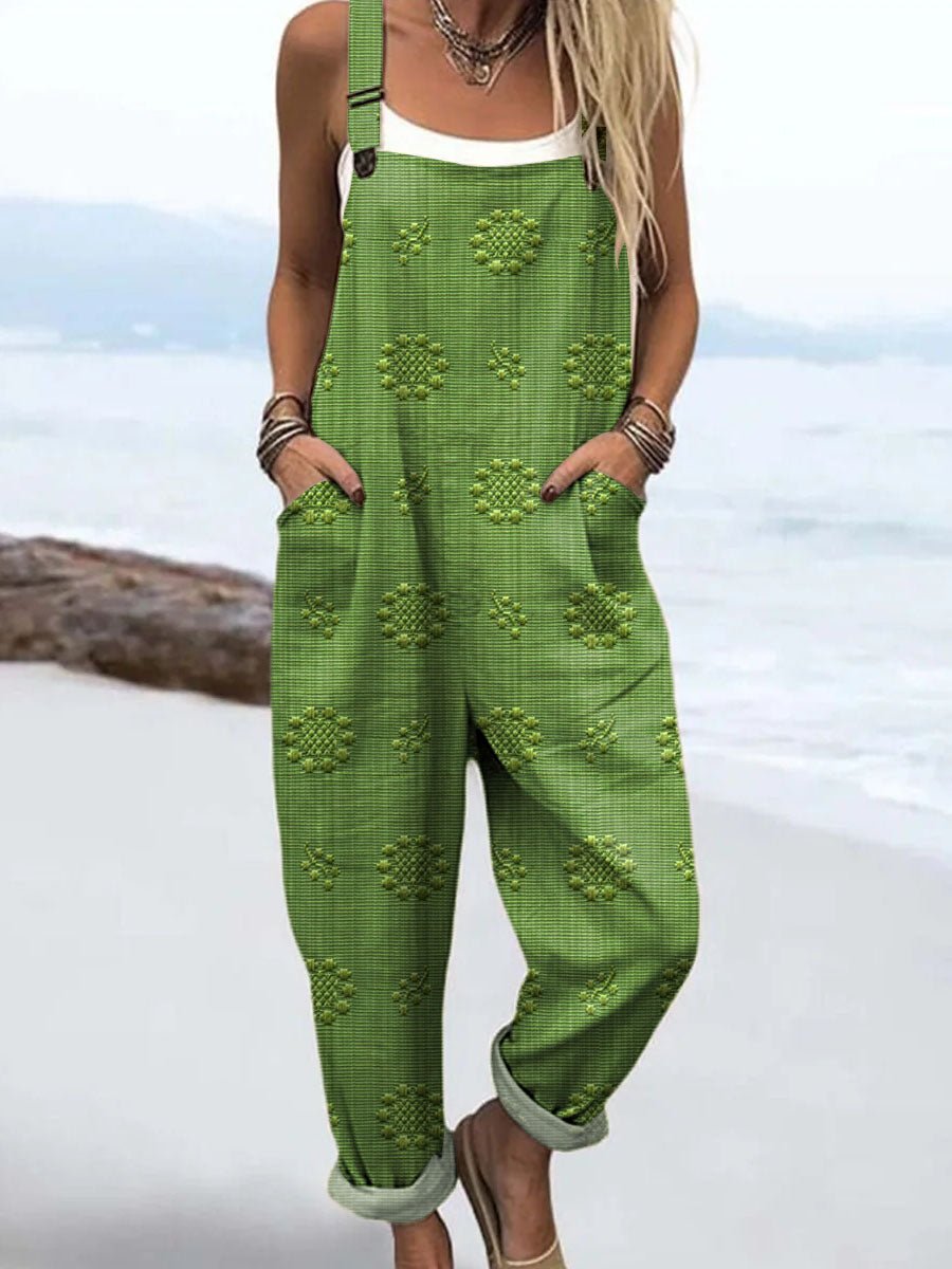Relaxed Wide-Leg Jumpsuit Adjustable Straps Pockets - Green