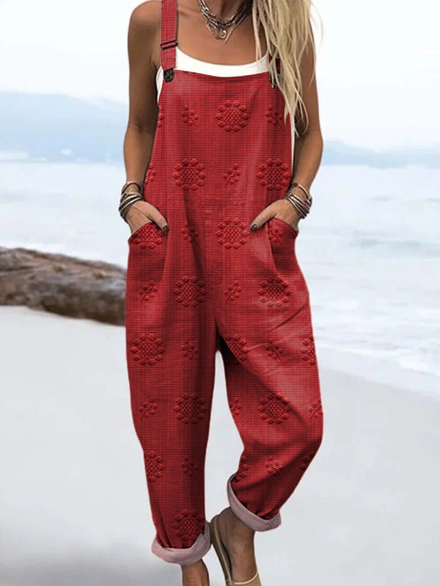 Relaxed Wide-Leg Jumpsuit Adjustable Straps Pockets - Red
