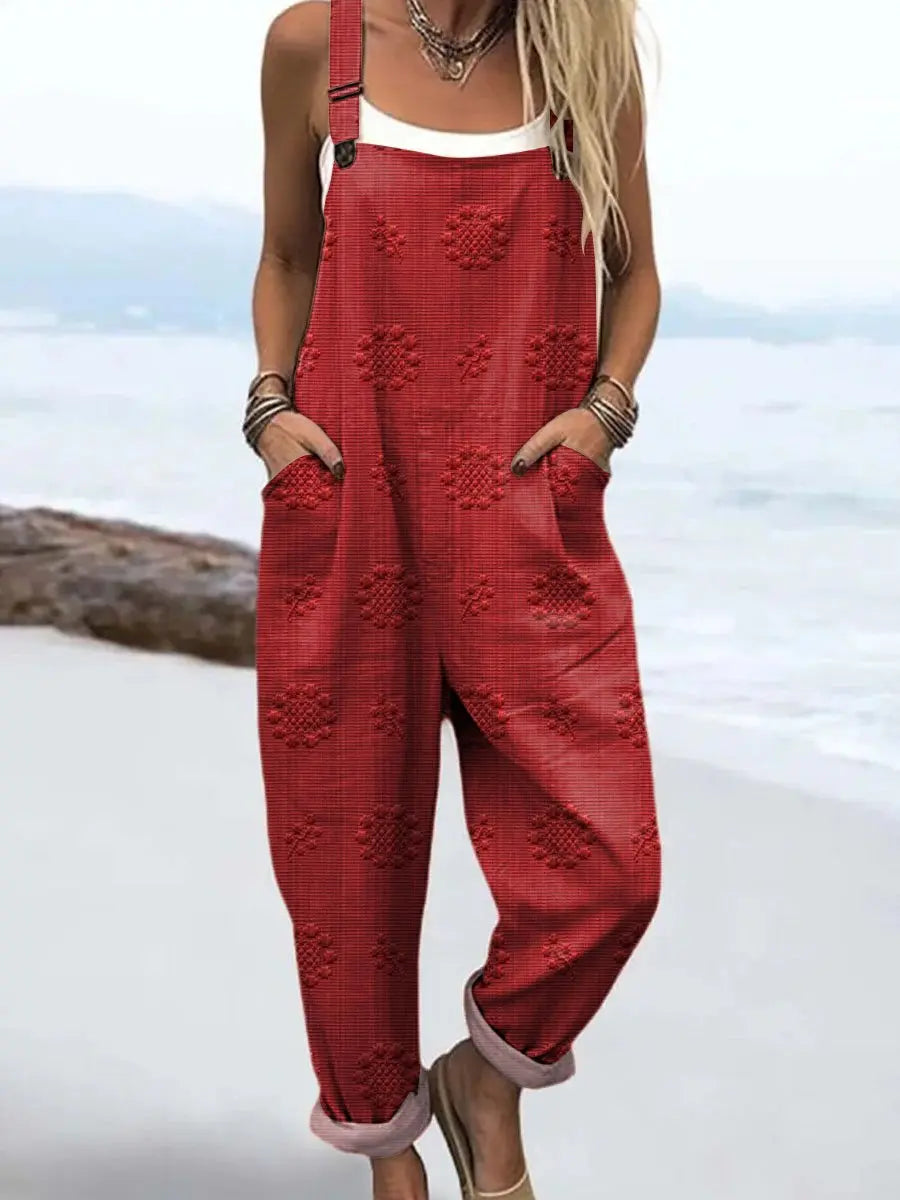Relaxed Wide-Leg Jumpsuit Adjustable Straps Pockets - Red