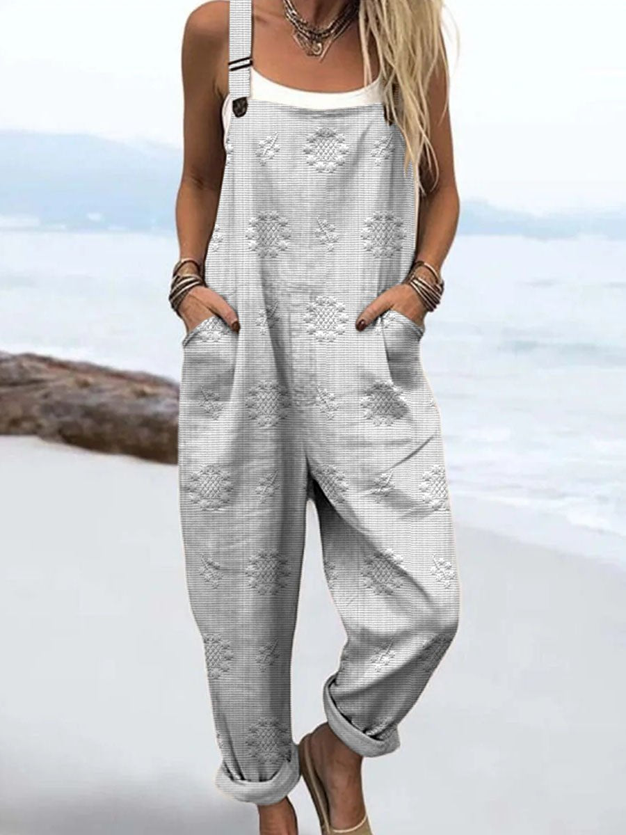 Relaxed Wide-Leg Jumpsuit Adjustable Straps Pockets - White