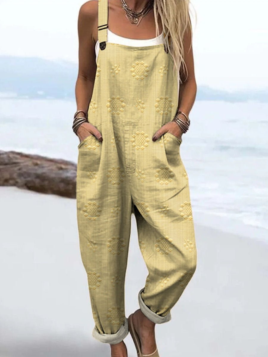 Relaxed Wide-Leg Jumpsuit Adjustable Straps Pockets - LightYellow