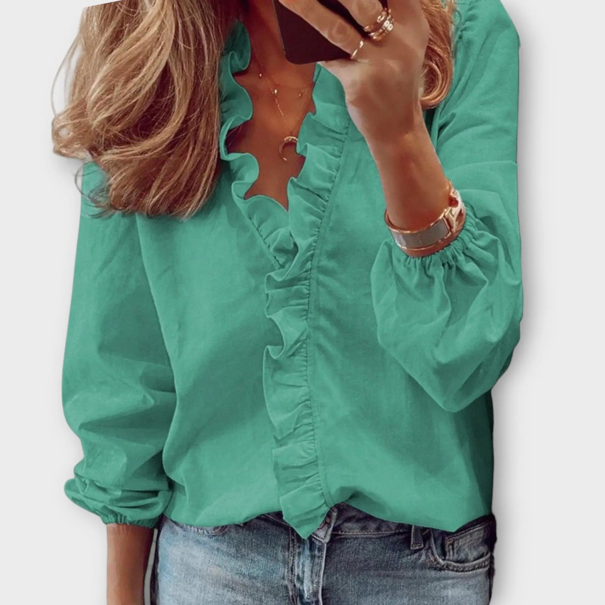 Ruffle Blouse Long Sleeve V-Neck White Cotton - Mint