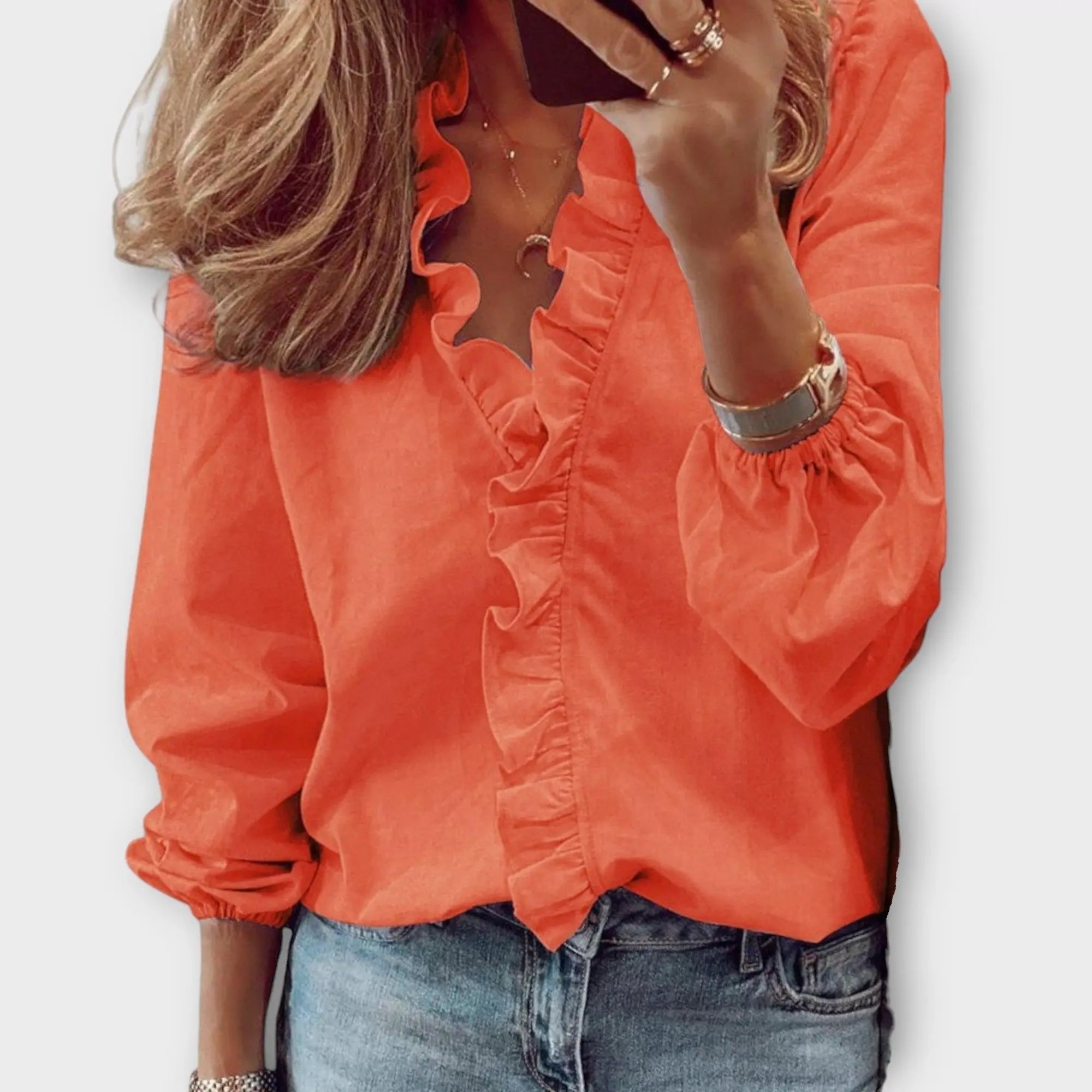 Ruffle Blouse Long Sleeve V-Neck White Cotton - Orange