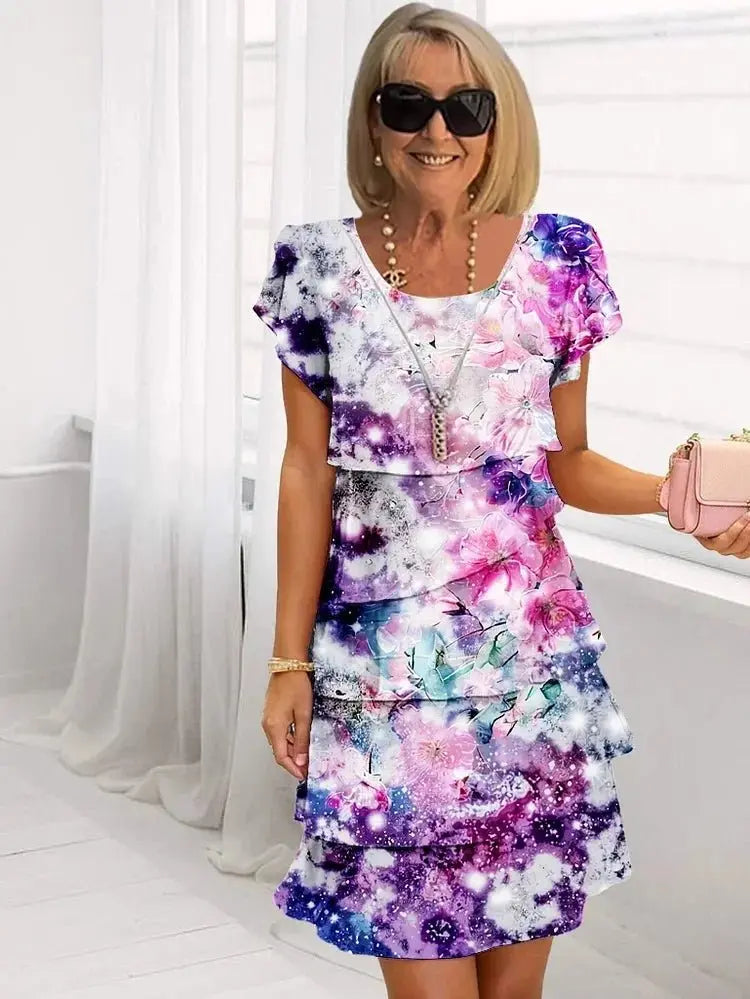 Ruffled Floral Midi Dress Pleated Short Sleeve - Purple