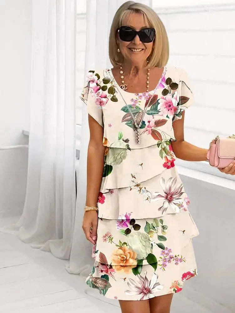 Ruffled Floral Midi Dress Pleated Short Sleeve - Beige