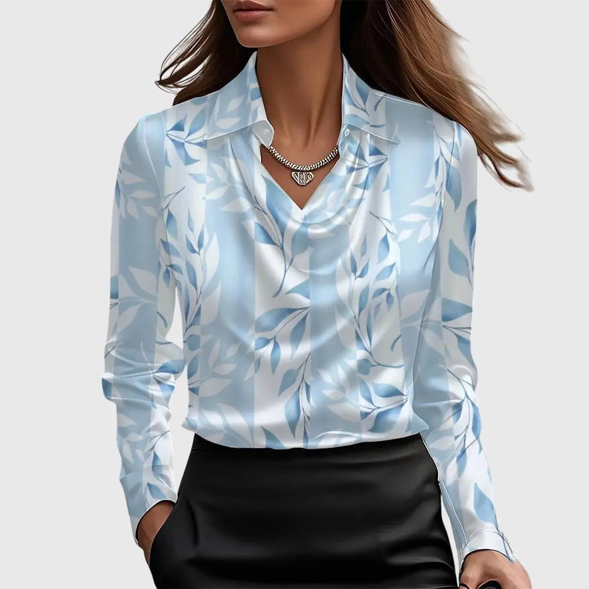 Satin Blouse Cowl Neck Long Sleeve Elegant - Light Blue Floral