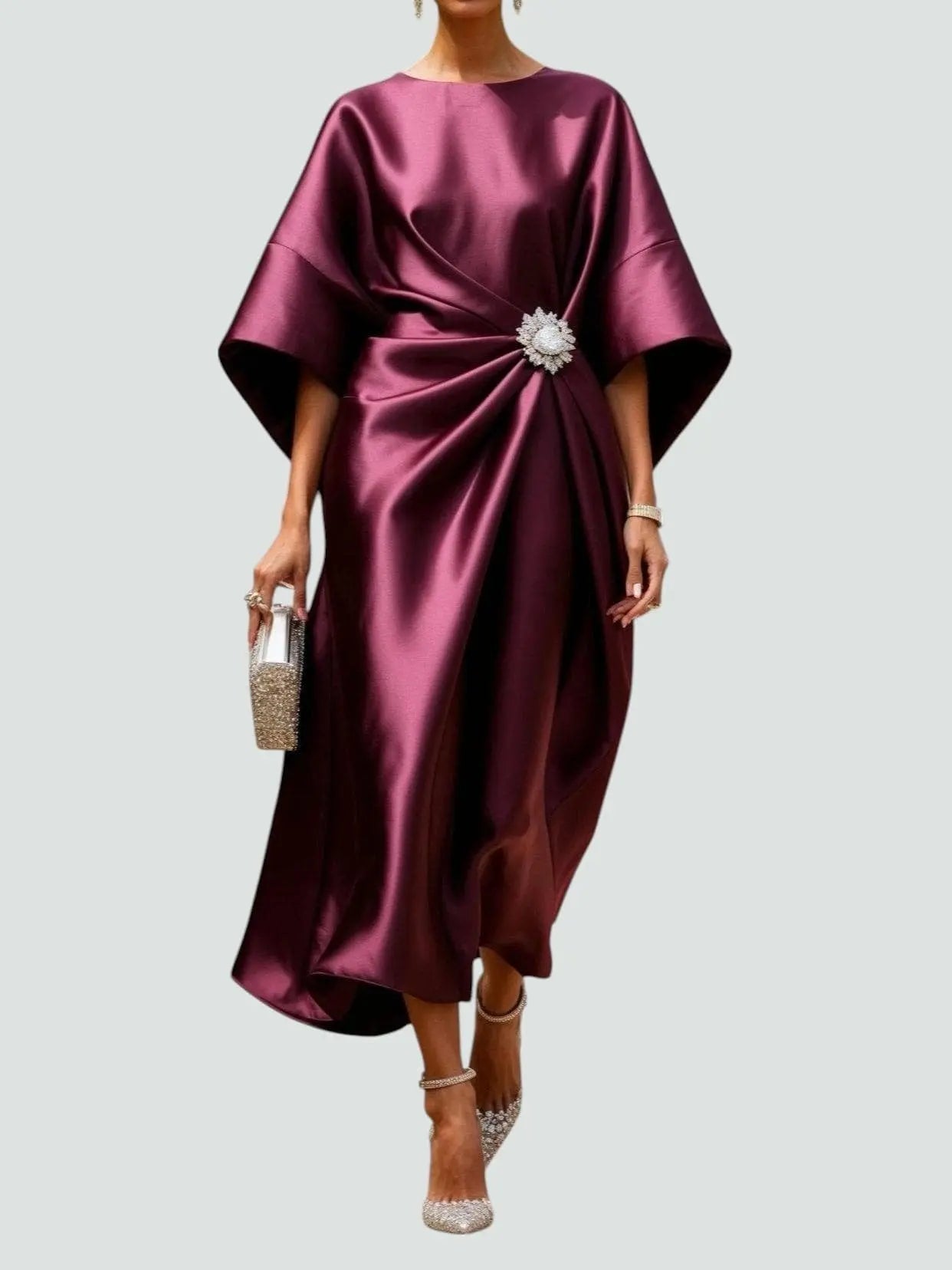 Satin Midi Dress Batwing Sleeve Twisted Front Embellishment - Red