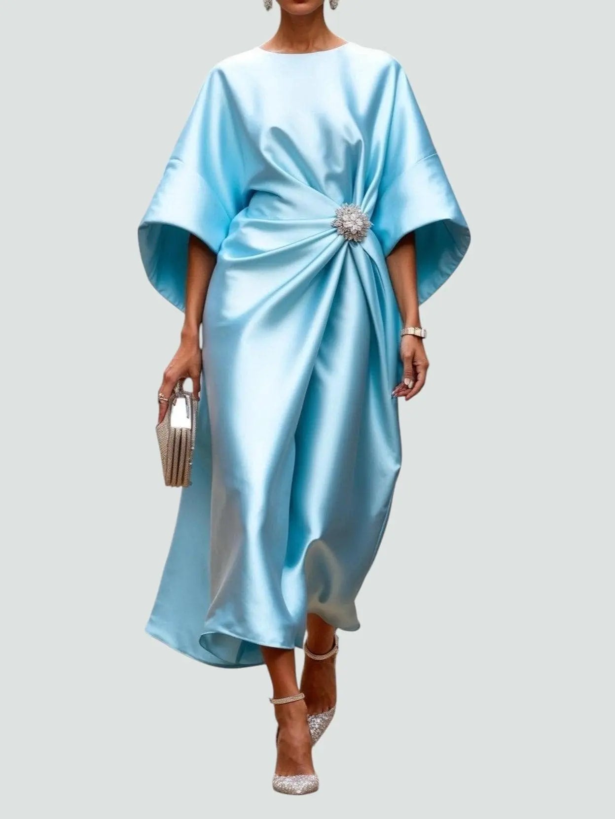 Satin Midi Dress Batwing Sleeve Twisted Front Embellishment - Light Blue