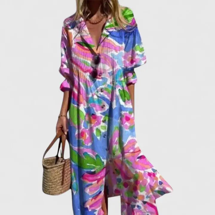 Shirt Dress Button-Front Leaf Print Bohemian Maxi - Red