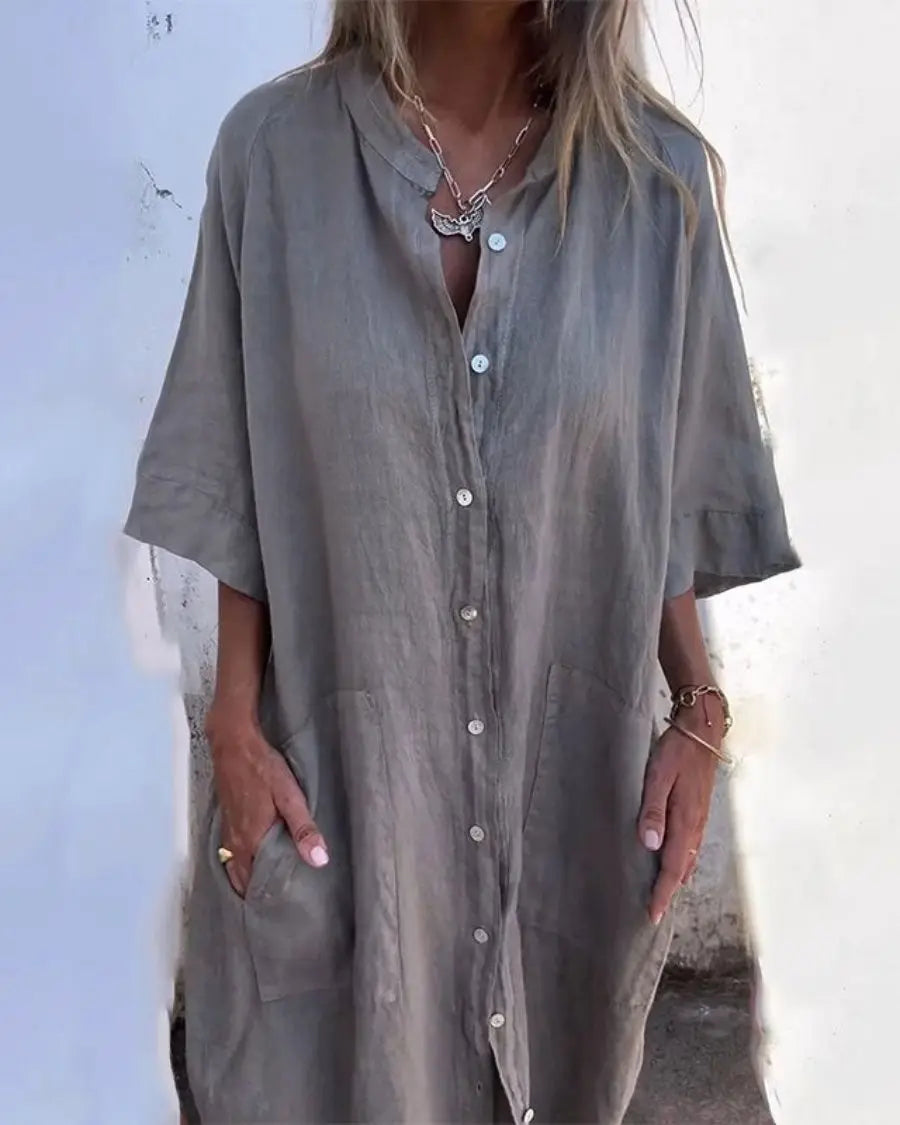 Shirt Dress Button Front Linen Short Sleeve Maxi Relaxed - Grey