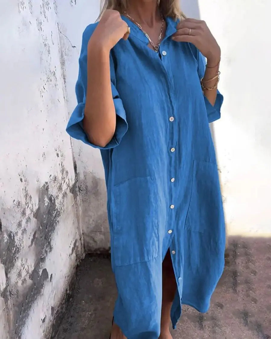 Shirt Dress Button Front Linen Short Sleeve Maxi Relaxed - Blue