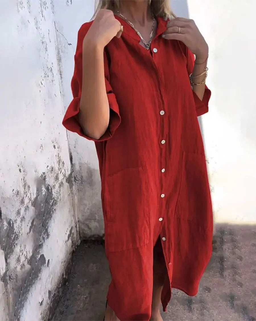 Shirt Dress Button Front Linen Short Sleeve Maxi Relaxed - Red
