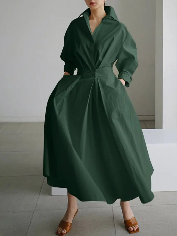 Shirt Dress Maxi Long Sleeve Wrap Belt - Army green
