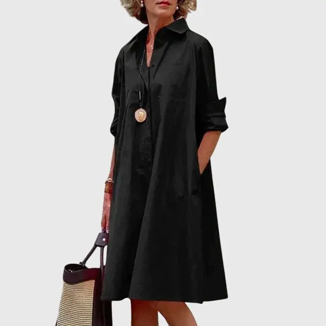 Shirt Dress Midi Length Collared Button Front Pockets - Black
