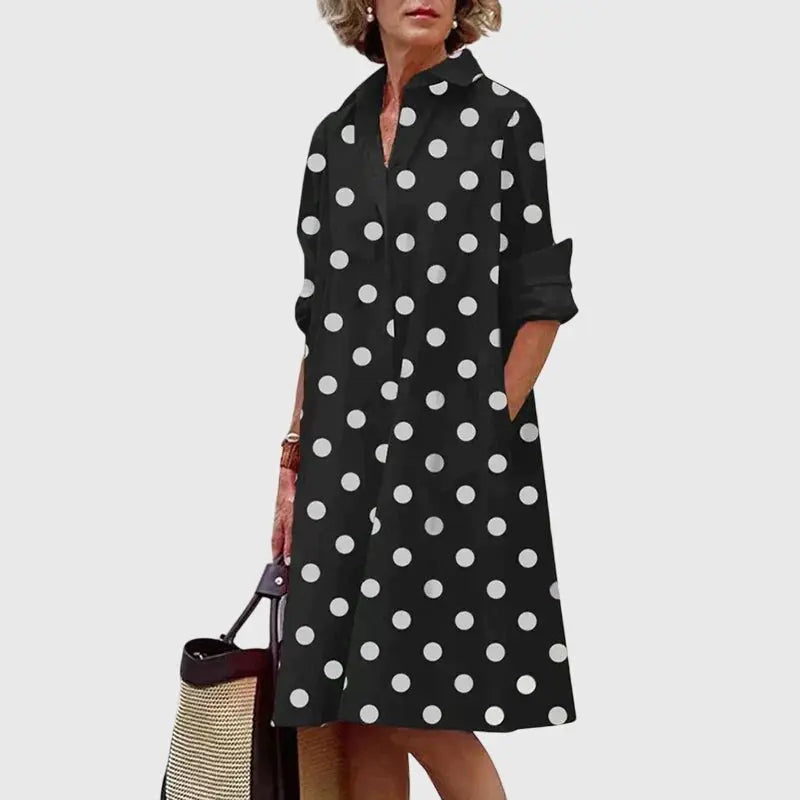 Shirt Dress Midi Length Collared Button Front Pockets - Black/White