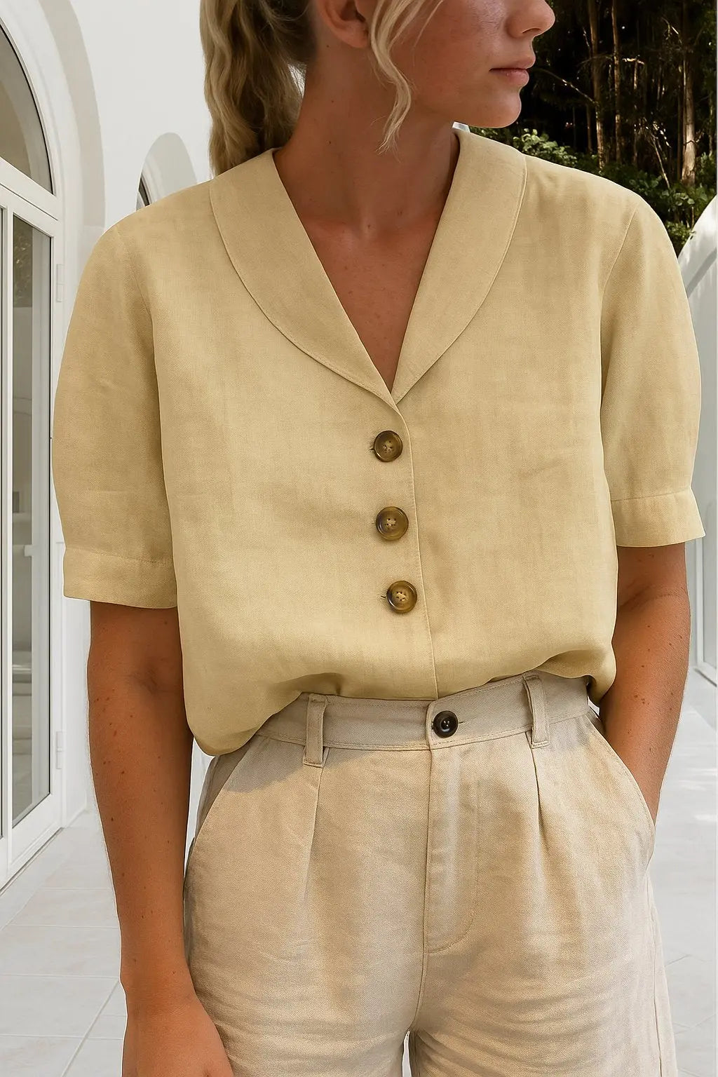 Short Sleeve Blouse Button Front V-Neck Collar Work Top - Beige