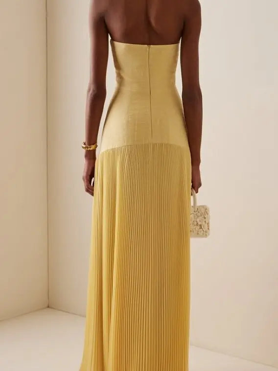 Strapless Maxi Dress Pleated Skirt Fitted Bodice Evening