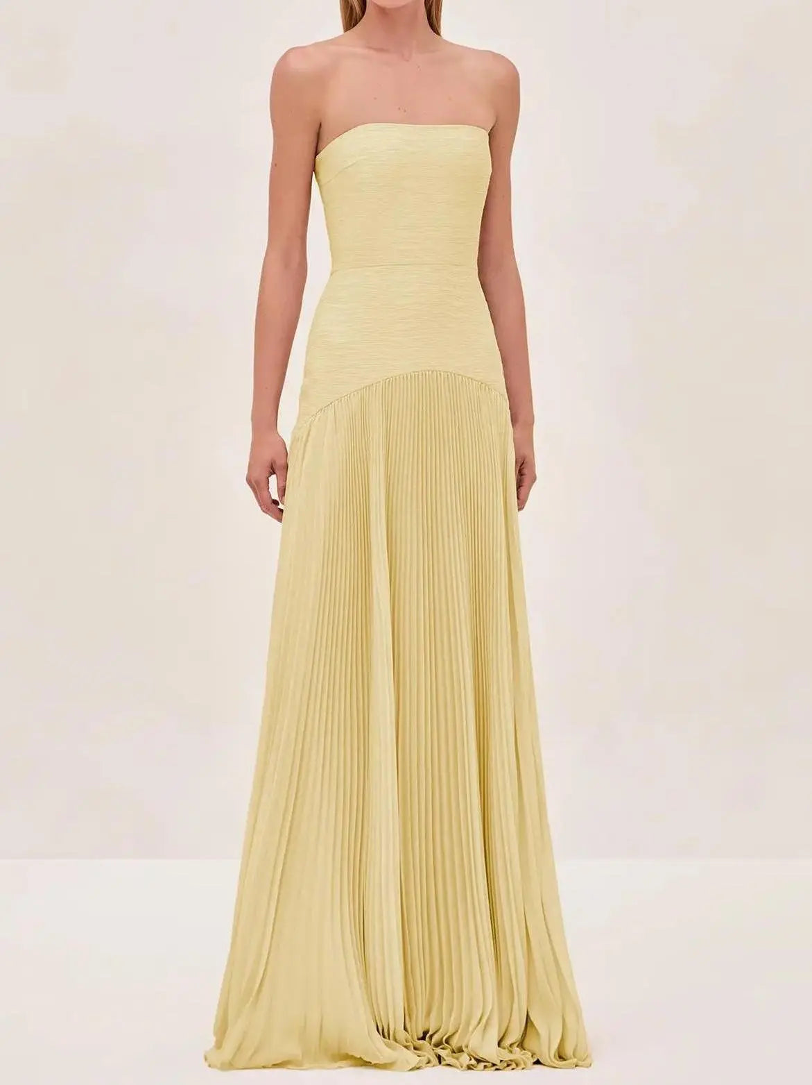 Strapless Maxi Dress Pleated Skirt Fitted Bodice Evening