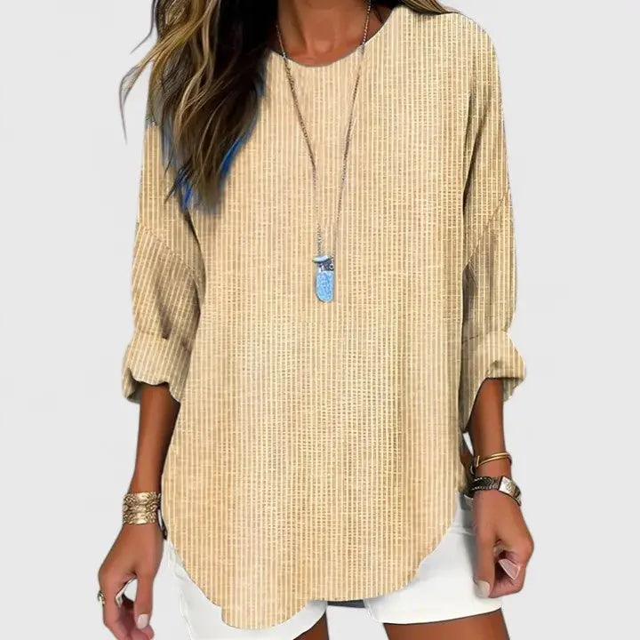 Striped Blouse Long Sleeve Crew Neck Relaxed Fit - Khaki