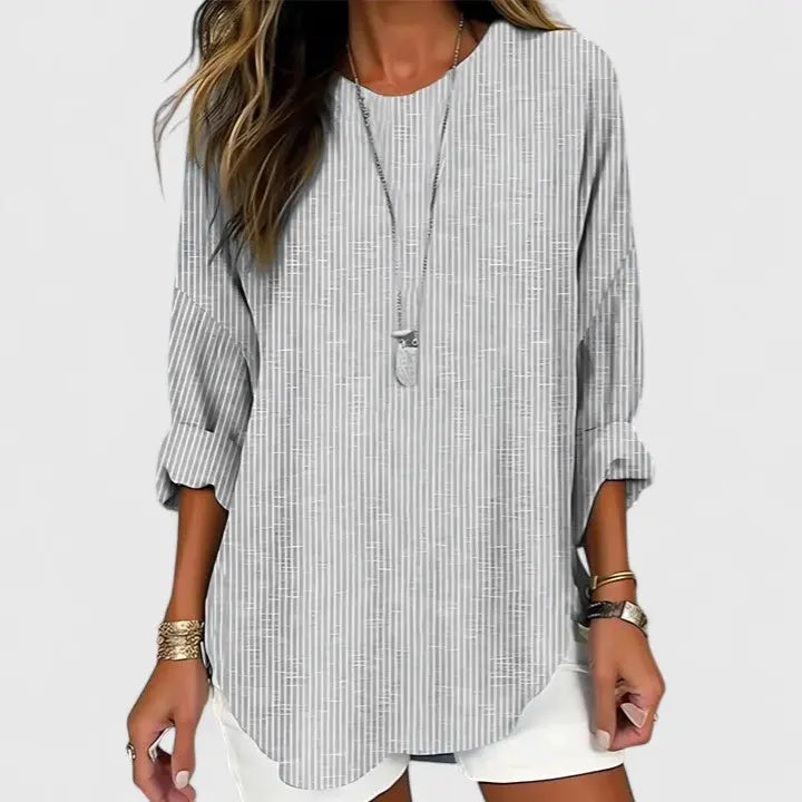 Striped Blouse Long Sleeve Crew Neck Relaxed Fit - Gray