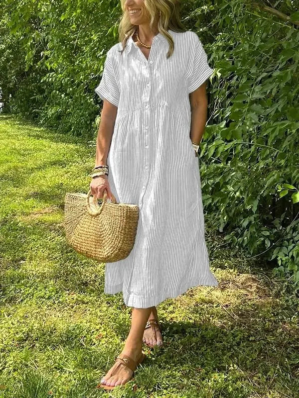 Striped Midi Shirt Dress Button Up Collar Long Sleeve - White