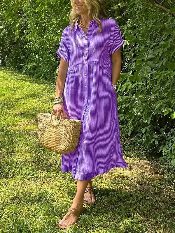 Striped Midi Shirt Dress Button Up Collar Long Sleeve - Purple