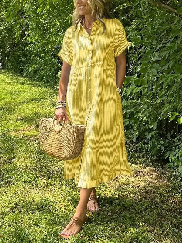 Striped Midi Shirt Dress Button Up Collar Long Sleeve - Yellow