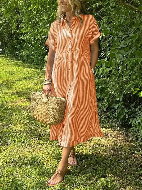 Striped Midi Shirt Dress Button Up Collar Long Sleeve - Orange
