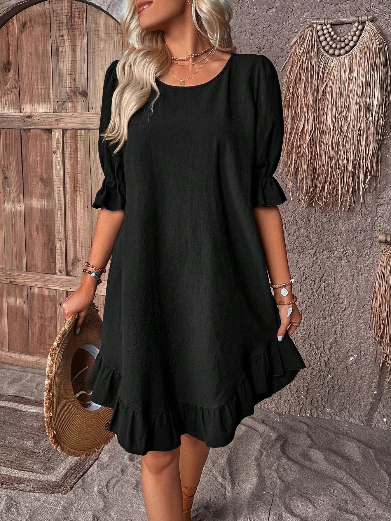 Summer Dress Ruffle Hem Three Quarter Sleeve A-Line - Black (Almost sold out)