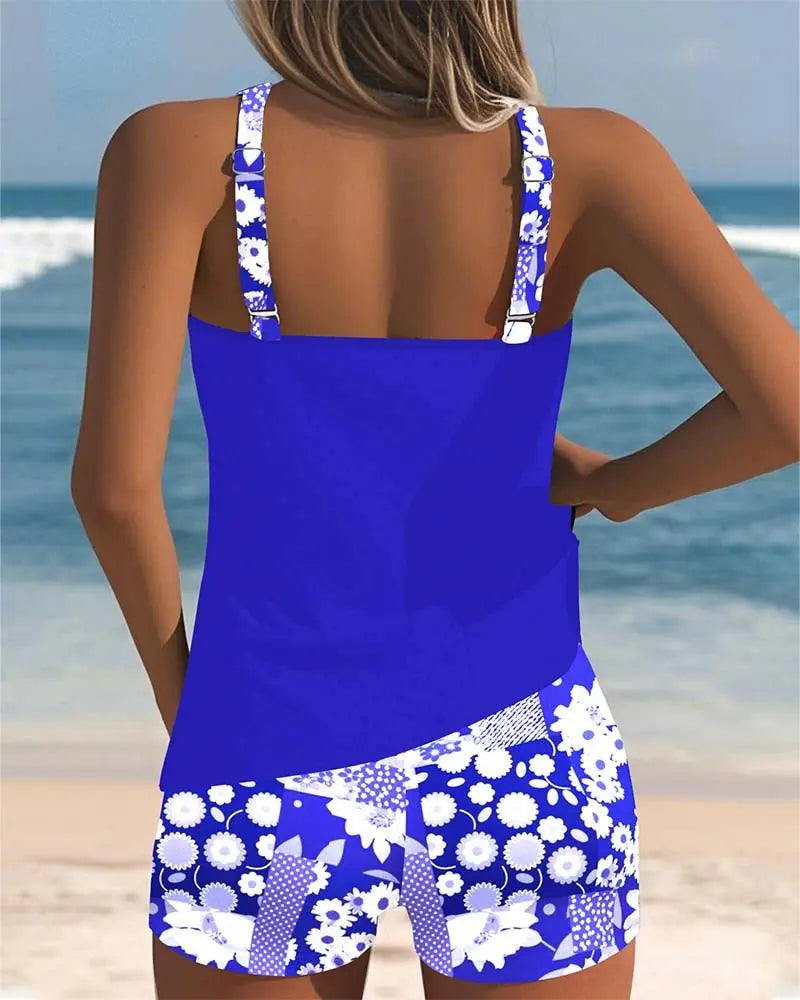 Tankini Two Piece Swimsuit with Floral Shorts Coverage