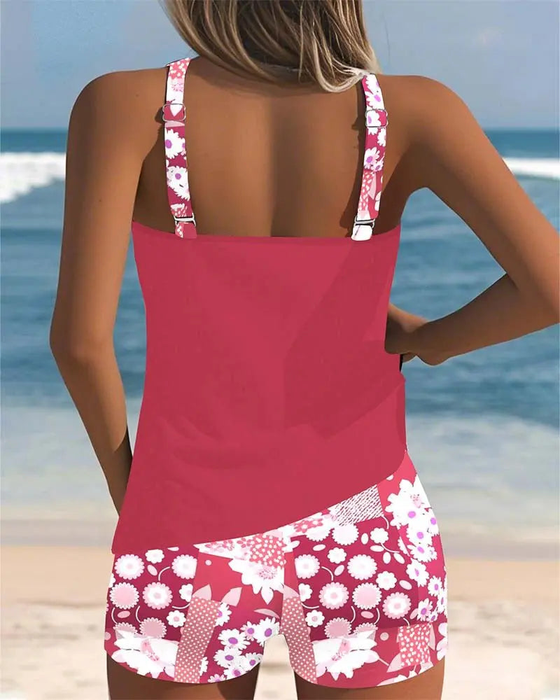 Tankini Two Piece Swimsuit with Floral Shorts Coverage