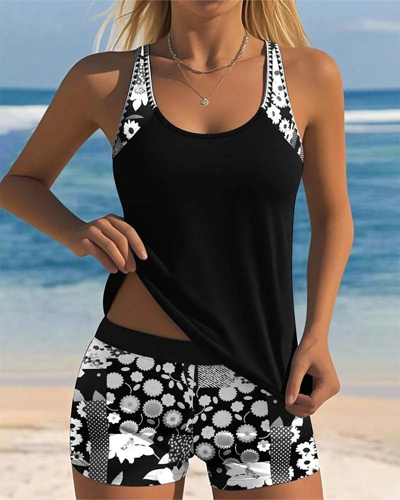 Tankini Two Piece Swimsuit with Floral Shorts Coverage - Black