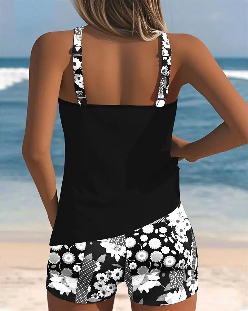 Tankini Two Piece Swimsuit with Floral Shorts Coverage