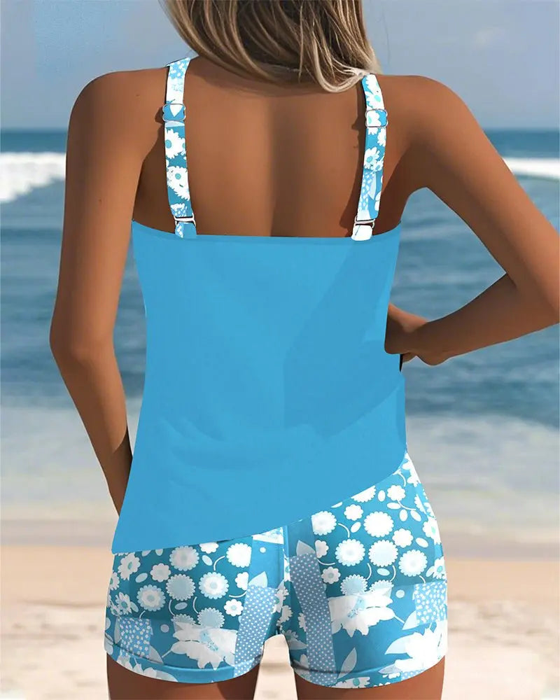 Tankini Two Piece Swimsuit with Floral Shorts Coverage