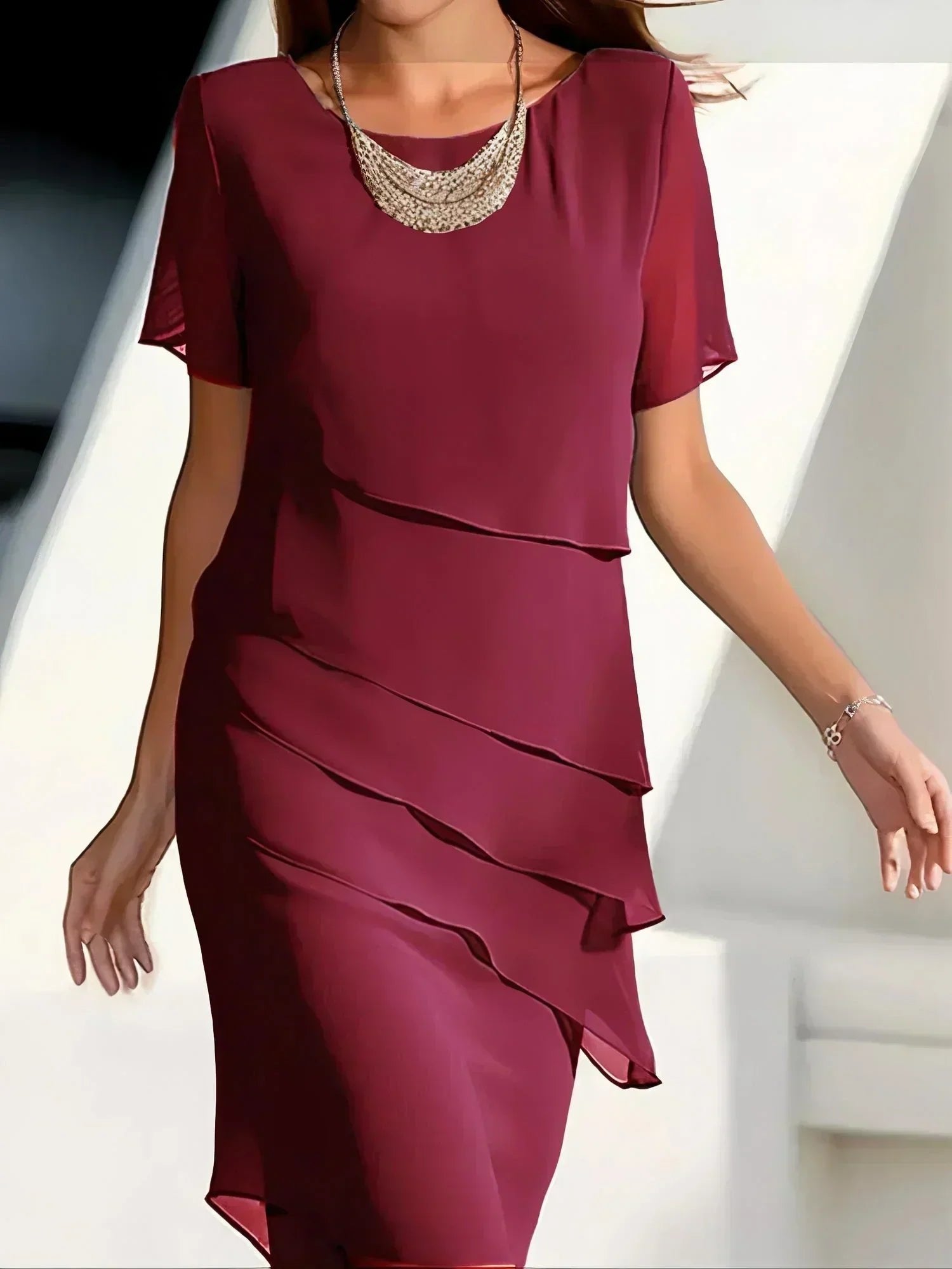 Tiered Chiffon Dress Short Sleeve Asymmetric - Rot