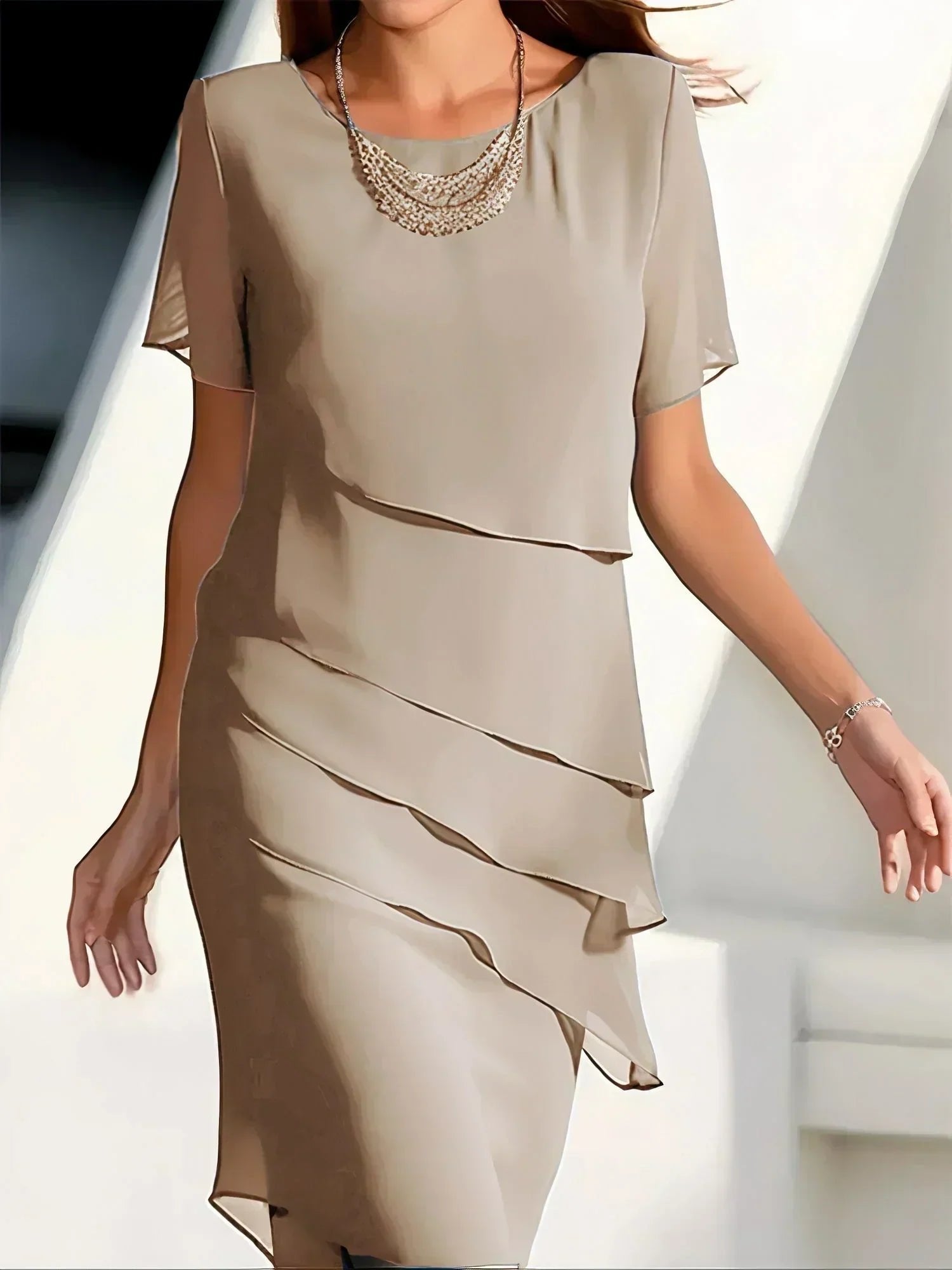 Tiered Chiffon Dress Short Sleeve Asymmetric - Khaki